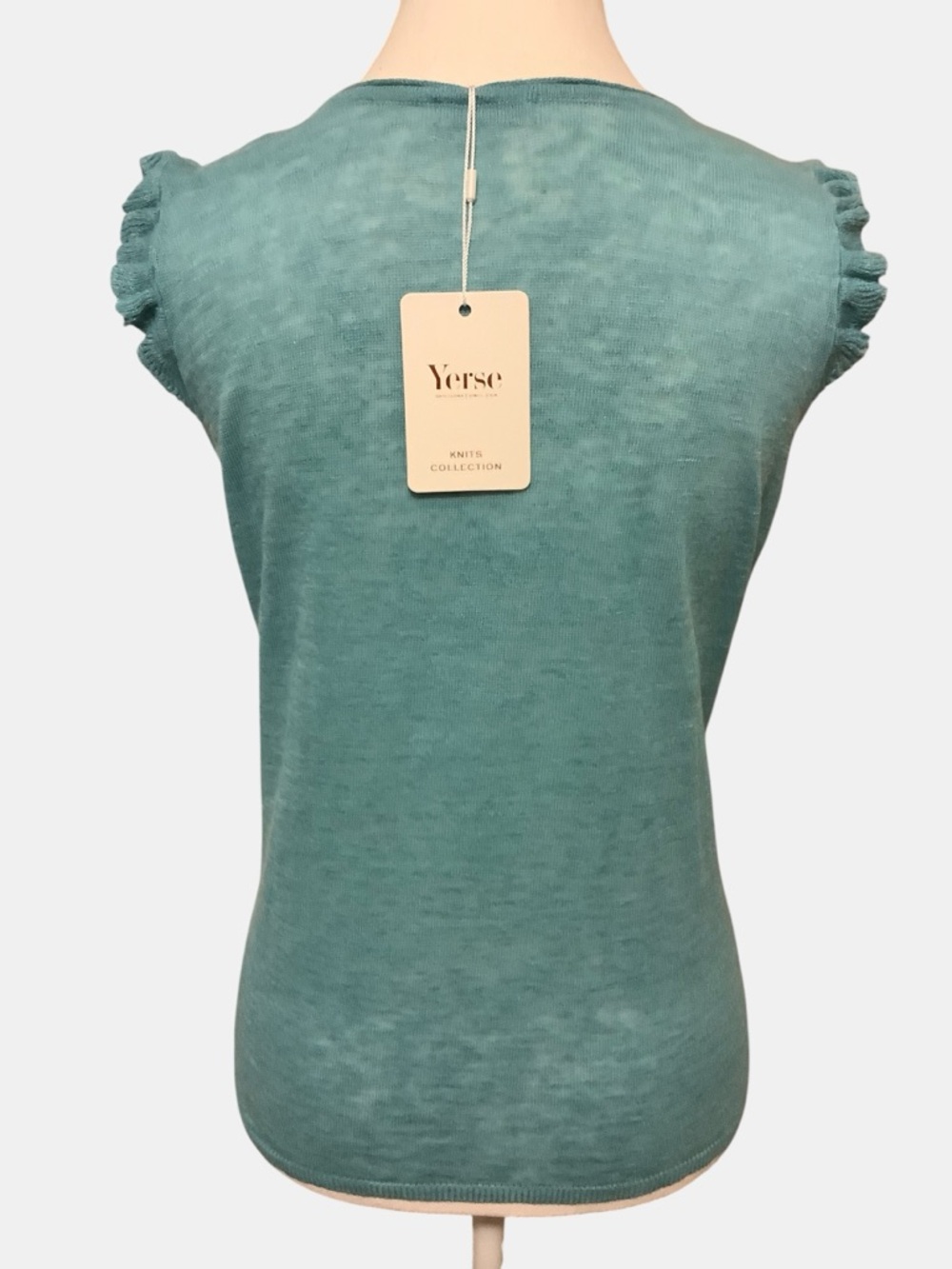 Yerse Linen Blend Knit Top Ruffle Sleeve Lace Detail Teal Size L NWT - Picture 3 of 12